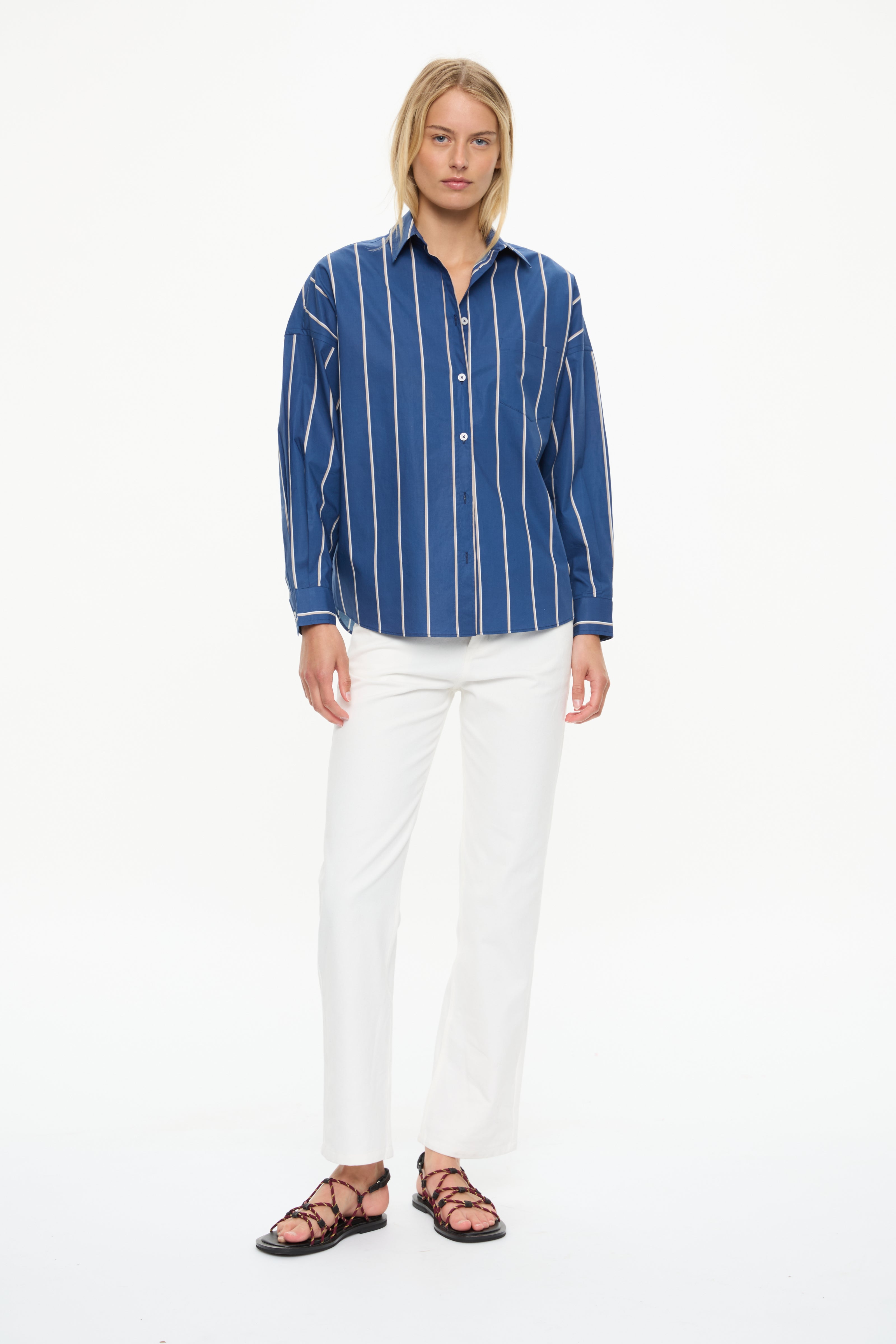Chiara Long Sleeve Shirt + button back  Navy/Mocha/White Stripe