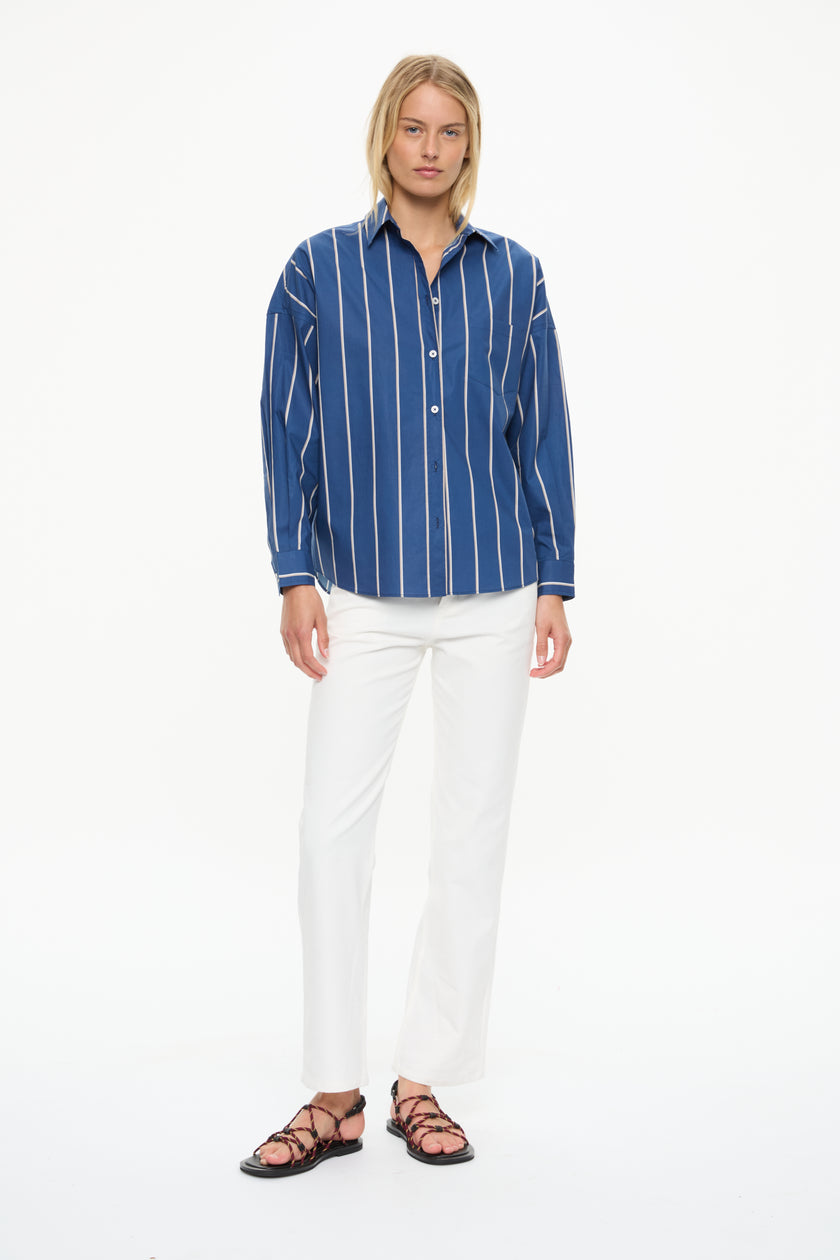 Chiara Long Sleeve Shirt + button back  Navy/Mocha/White Stripe