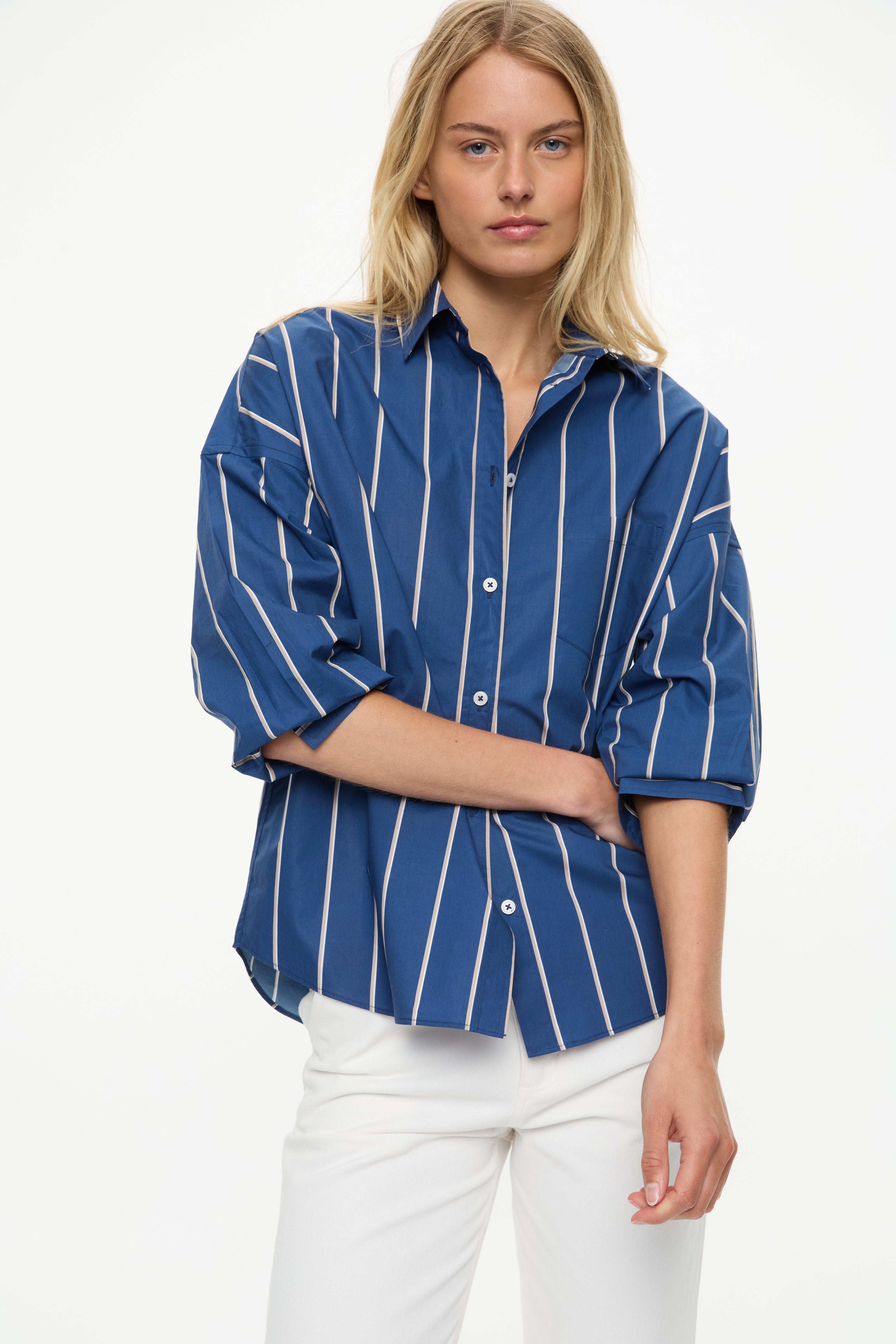 Chiara Long Sleeve Shirt + button back  Navy/Mocha/White Stripe