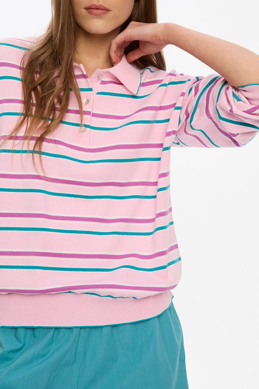Alto Long Sleeve Stripe Polo - Bubble Gum/Teal/Rebel/White