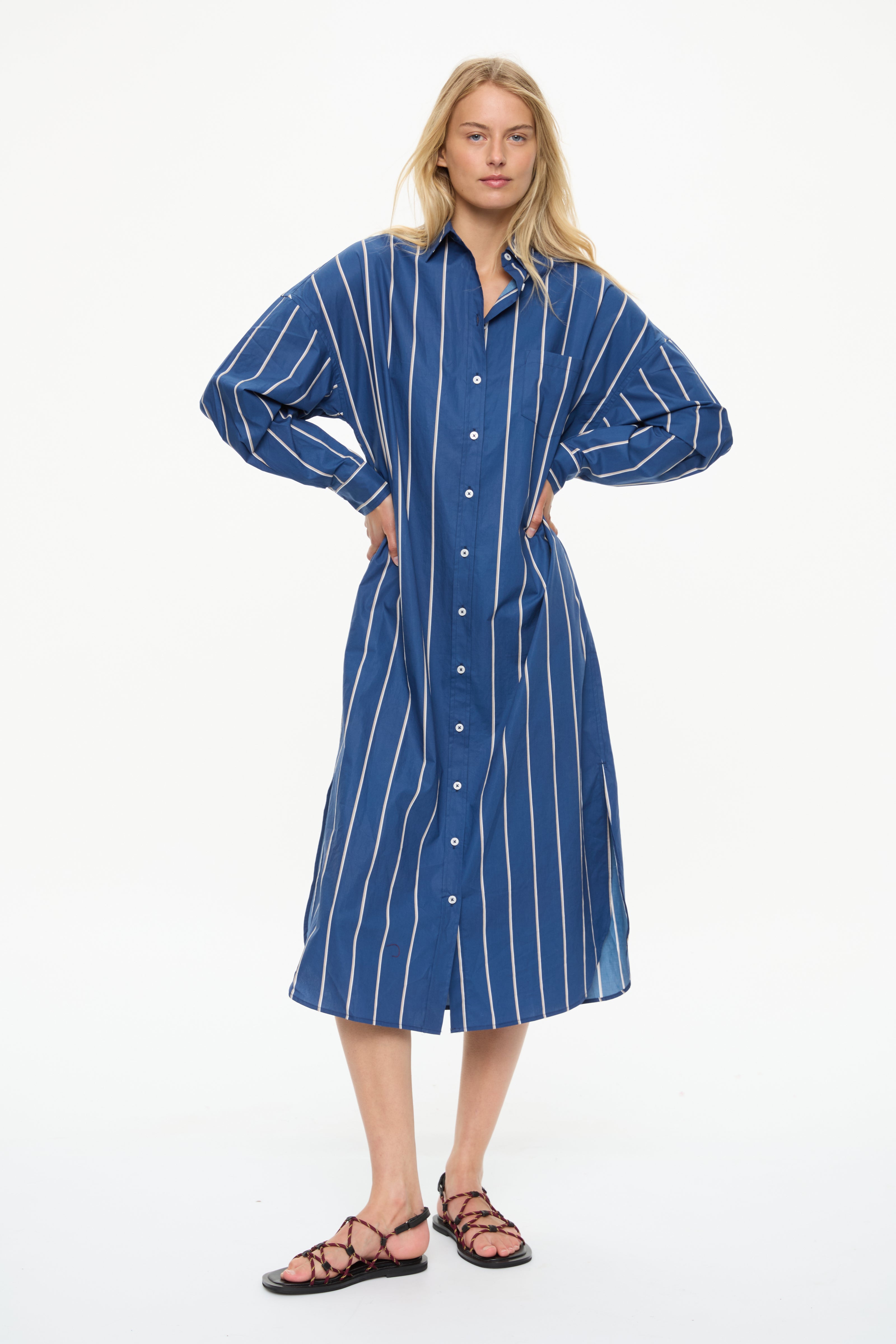 Chiara Long Sleeve Maxi Dress + button back Navy/Mocha/White