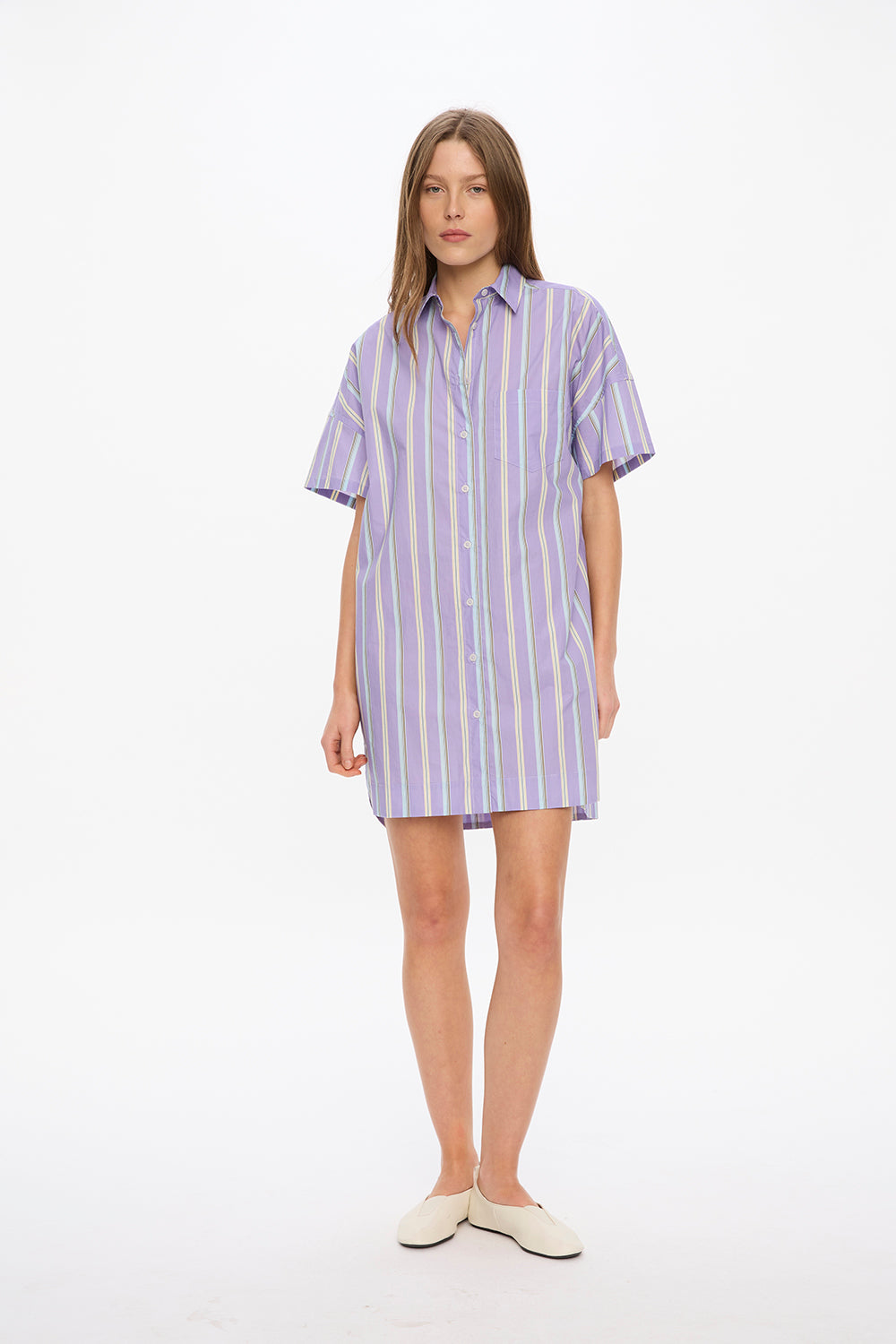Chiara Short Sleeve Mini Dress - Stripes - Lavender/Delicate Blue/Olive/Limoncello