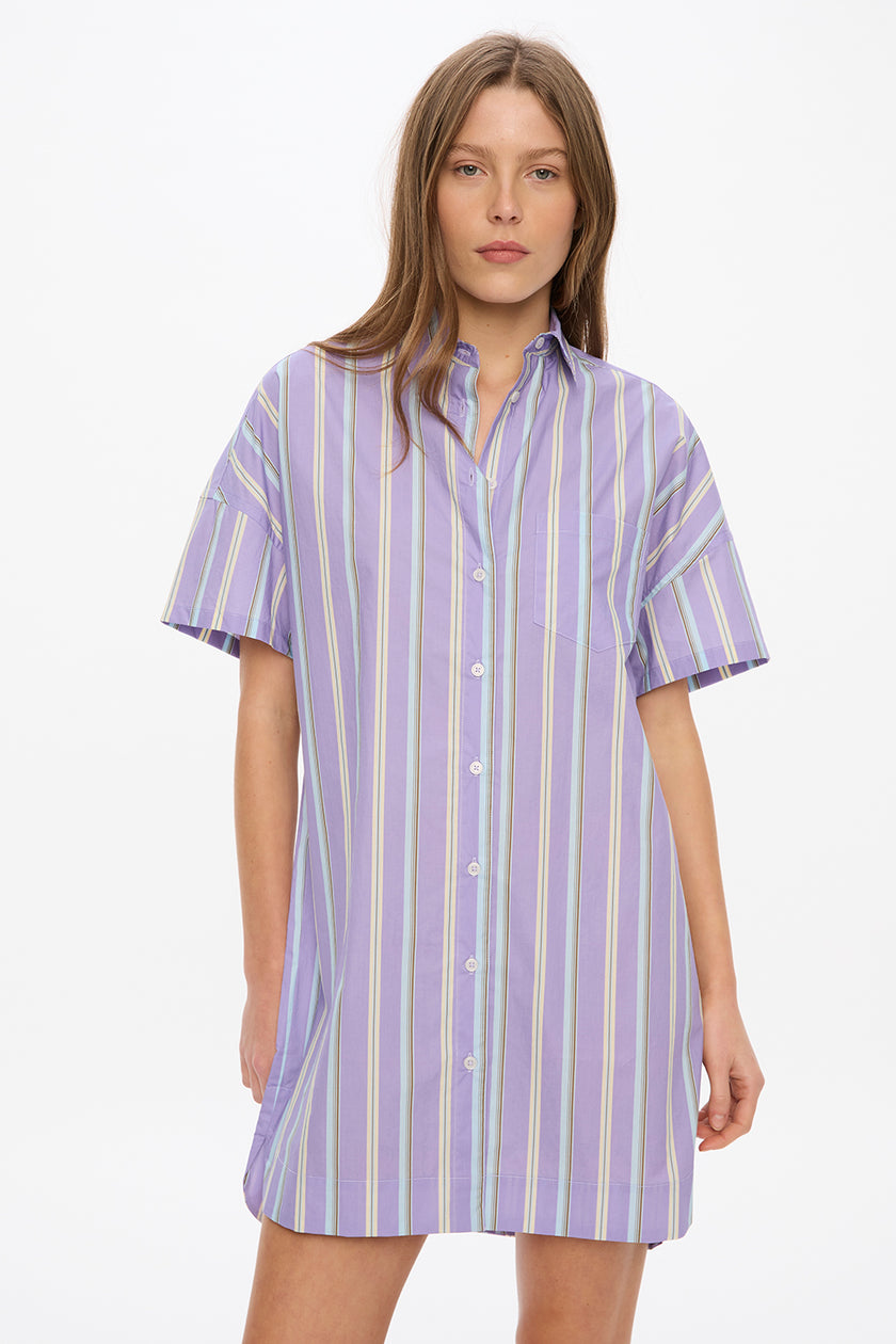 Chiara Short Sleeve Mini Dress - Stripes - Lavender/Delicate Blue/Olive/Limoncello