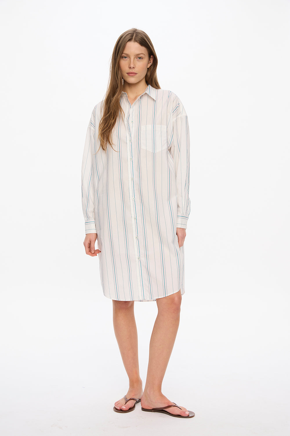 Chiara Long Sleeve Midi Dress - Stripes - White/Teal/Bubble Gum