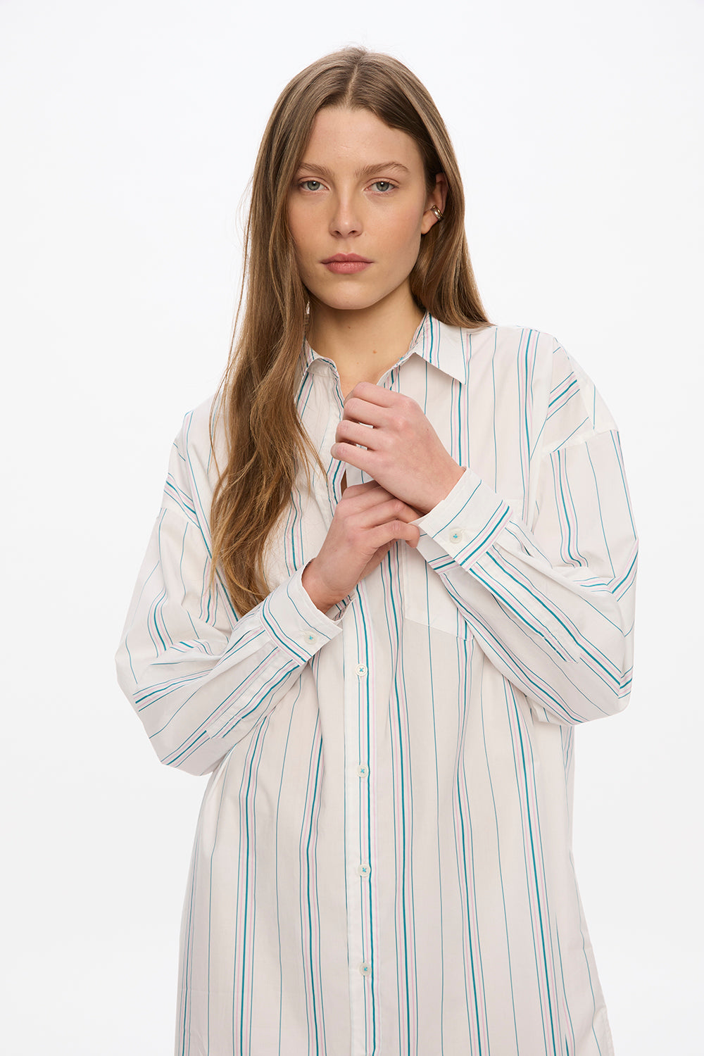 Chiara Long Sleeve Midi Dress - Stripes - White/Teal/Bubble Gum