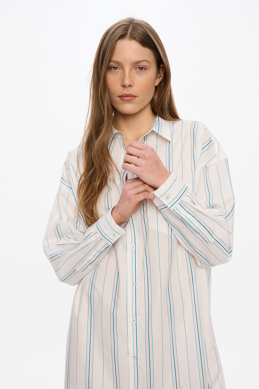 Chiara Long Sleeve Midi Dress - Stripes - White/Teal/Bubble Gum