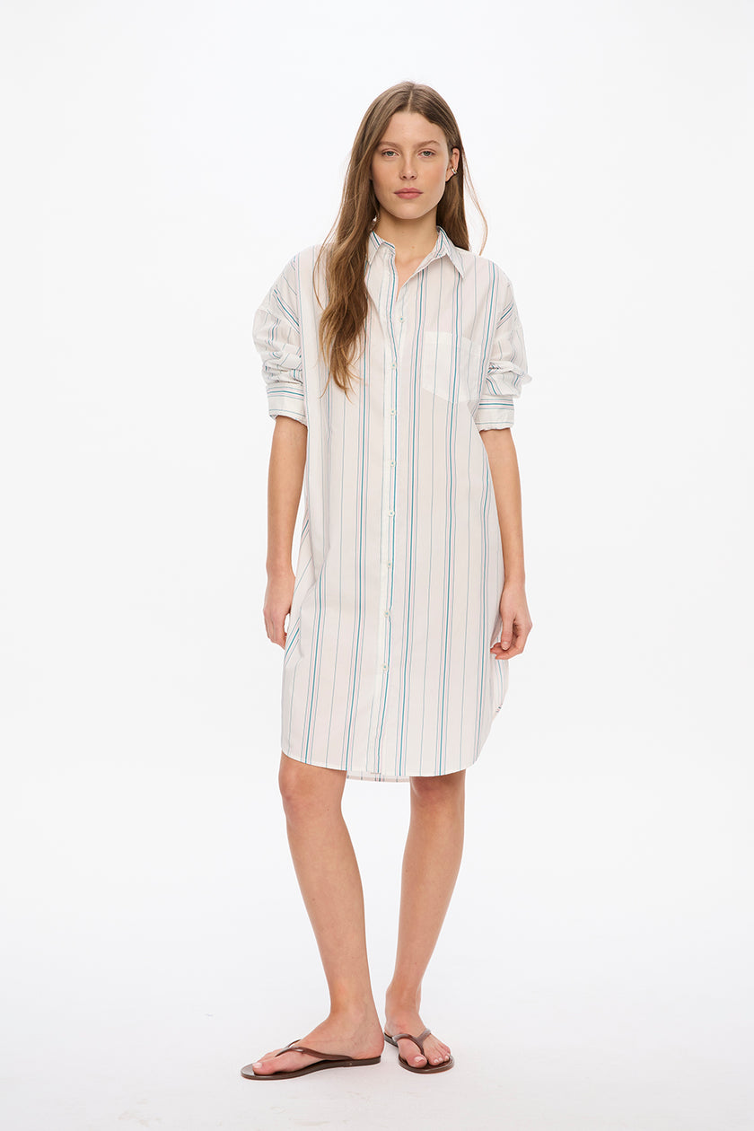 Chiara Long Sleeve Midi Dress - Stripes - White/Teal/Bubble Gum