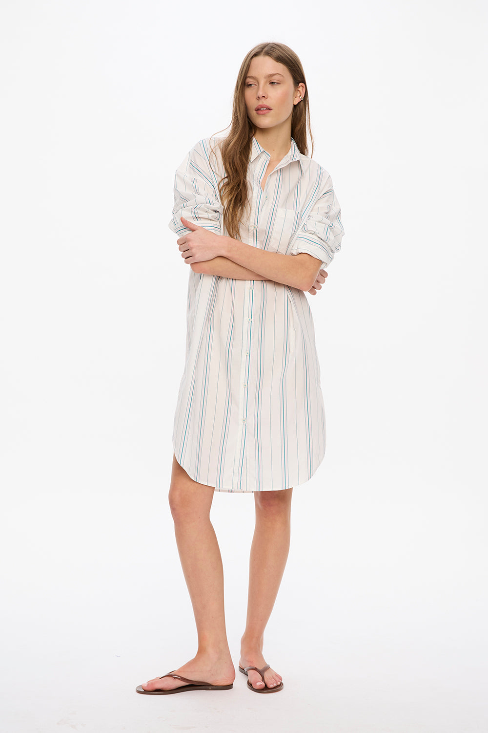 Chiara Long Sleeve Midi Dress - Stripes - White/Teal/Bubble Gum