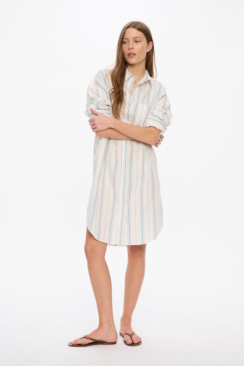 Chiara Long Sleeve Midi Dress - Stripes - White/Teal/Bubble Gum