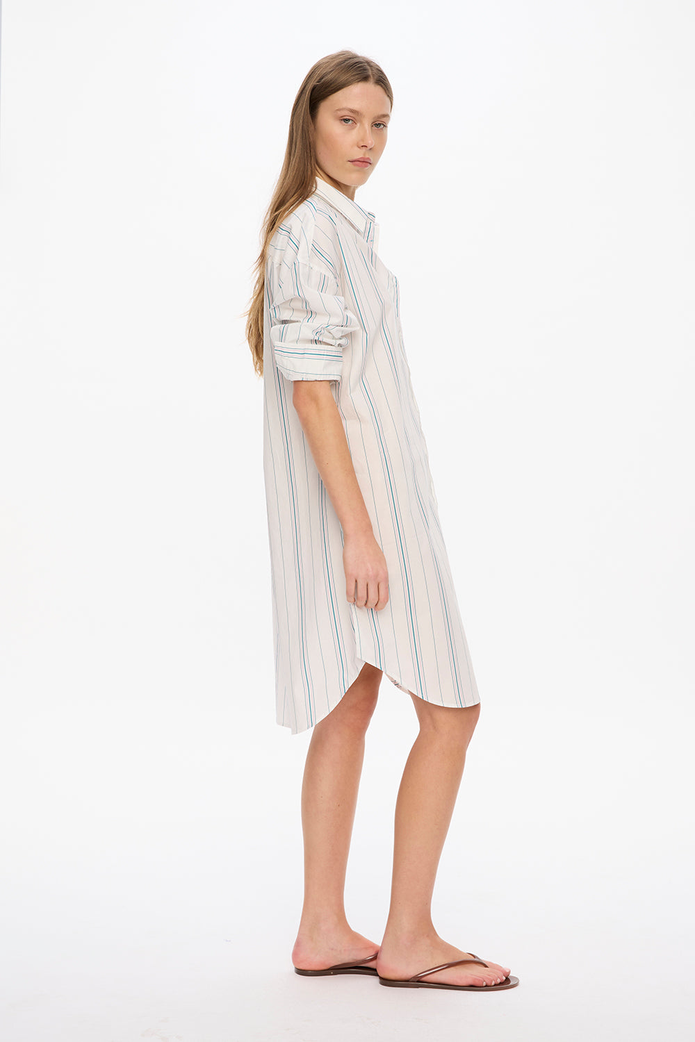 Chiara Long Sleeve Midi Dress - Stripes - White/Teal/Bubble Gum