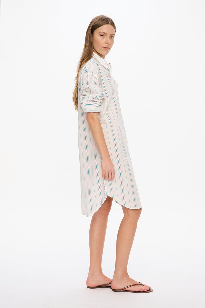 Chiara Long Sleeve Midi Dress - Stripes - White/Teal/Bubble Gum