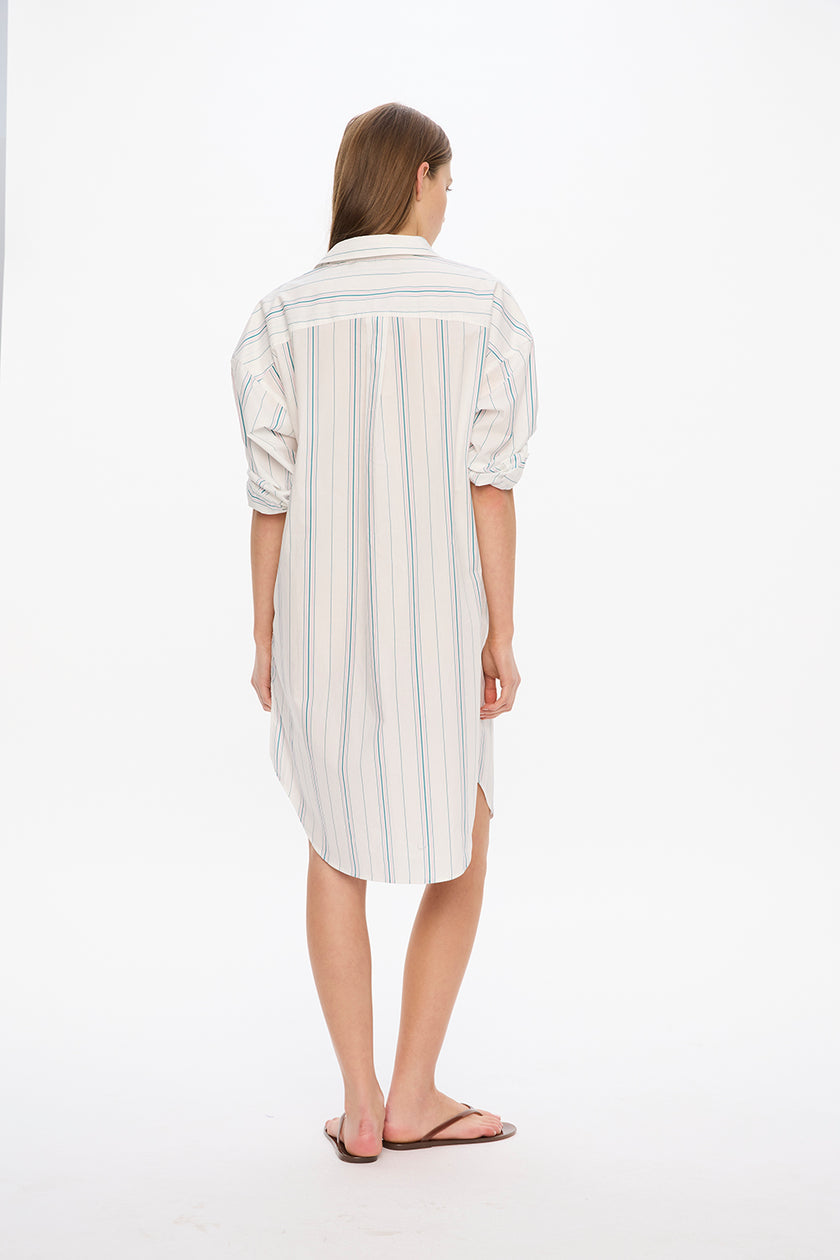 Chiara Long Sleeve Midi Dress - Stripes - White/Teal/Bubble Gum
