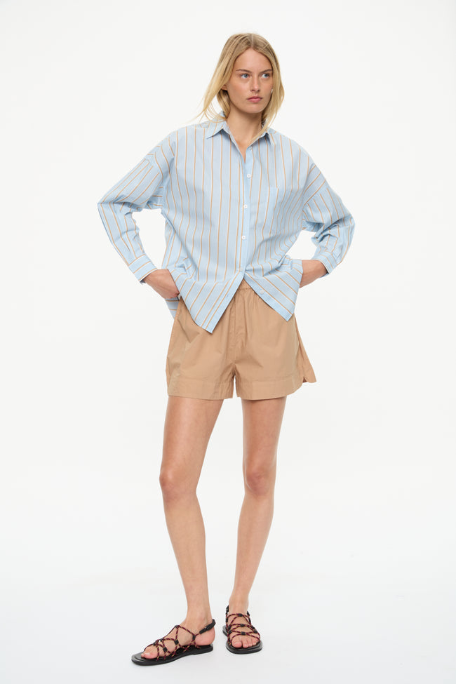 Nina Long sleeve Button Back Opening Shirt - Stripes  Sky/Toffee/White