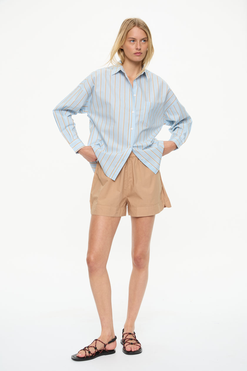 Nina Long sleeve Button Back Opening Shirt - Stripes  Sky/Toffee/White