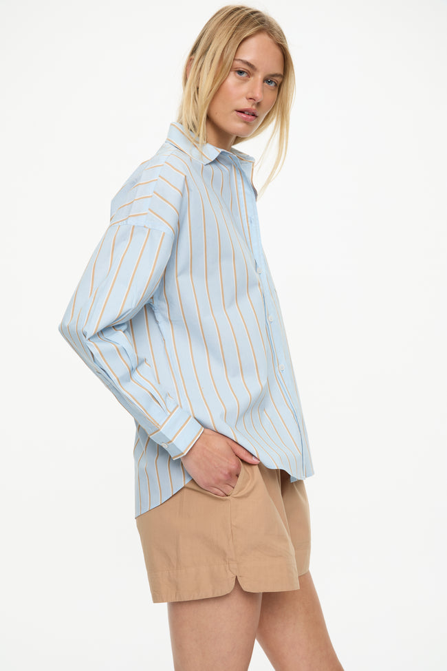 Nina Long sleeve Button Back Opening Shirt - Stripes  Sky/Toffee/White