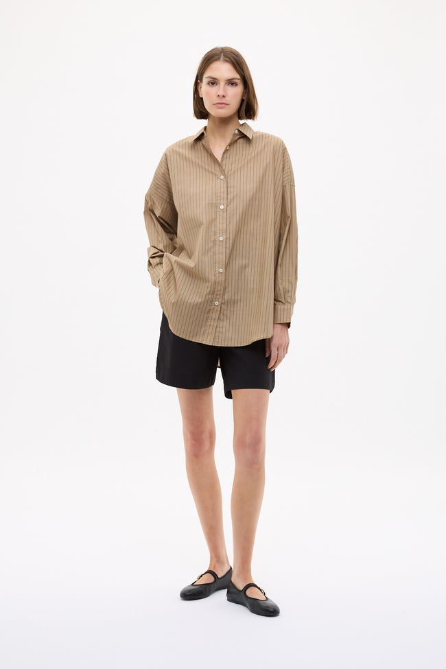 Mara Oversized Long Sleeve Shirt Stripe - Toffee/Black