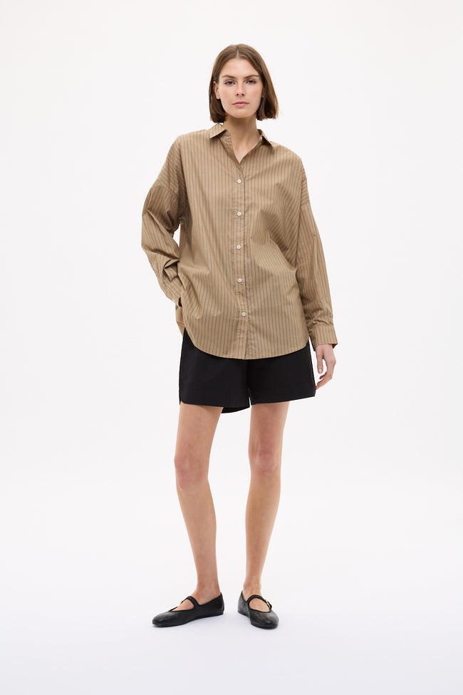 Mara Oversized Long Sleeve Shirt Stripe - Toffee/Black