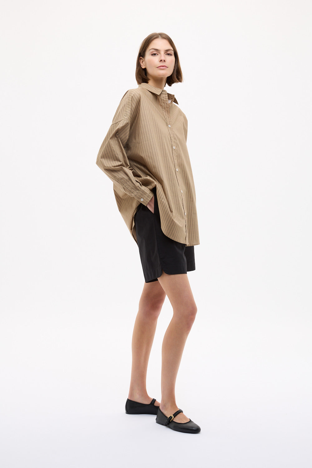 Mara Oversized Long Sleeve Shirt Stripe - Toffee/Black