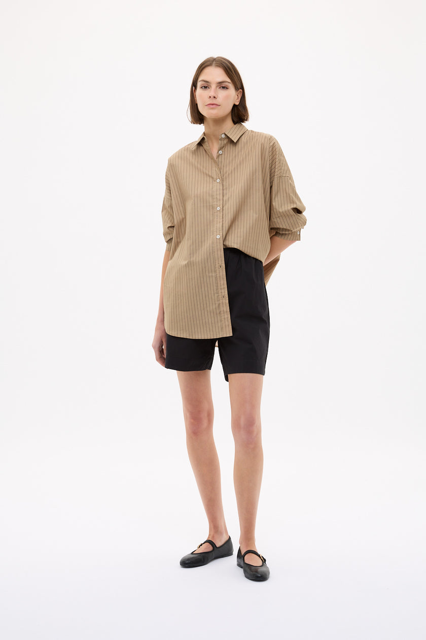 Mara Oversized Long Sleeve Shirt Stripe - Toffee/Black
