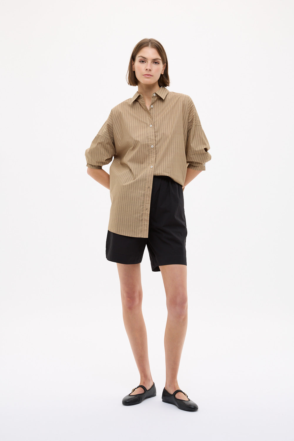 Mara Oversized Long Sleeve Shirt Stripe - Toffee/Black