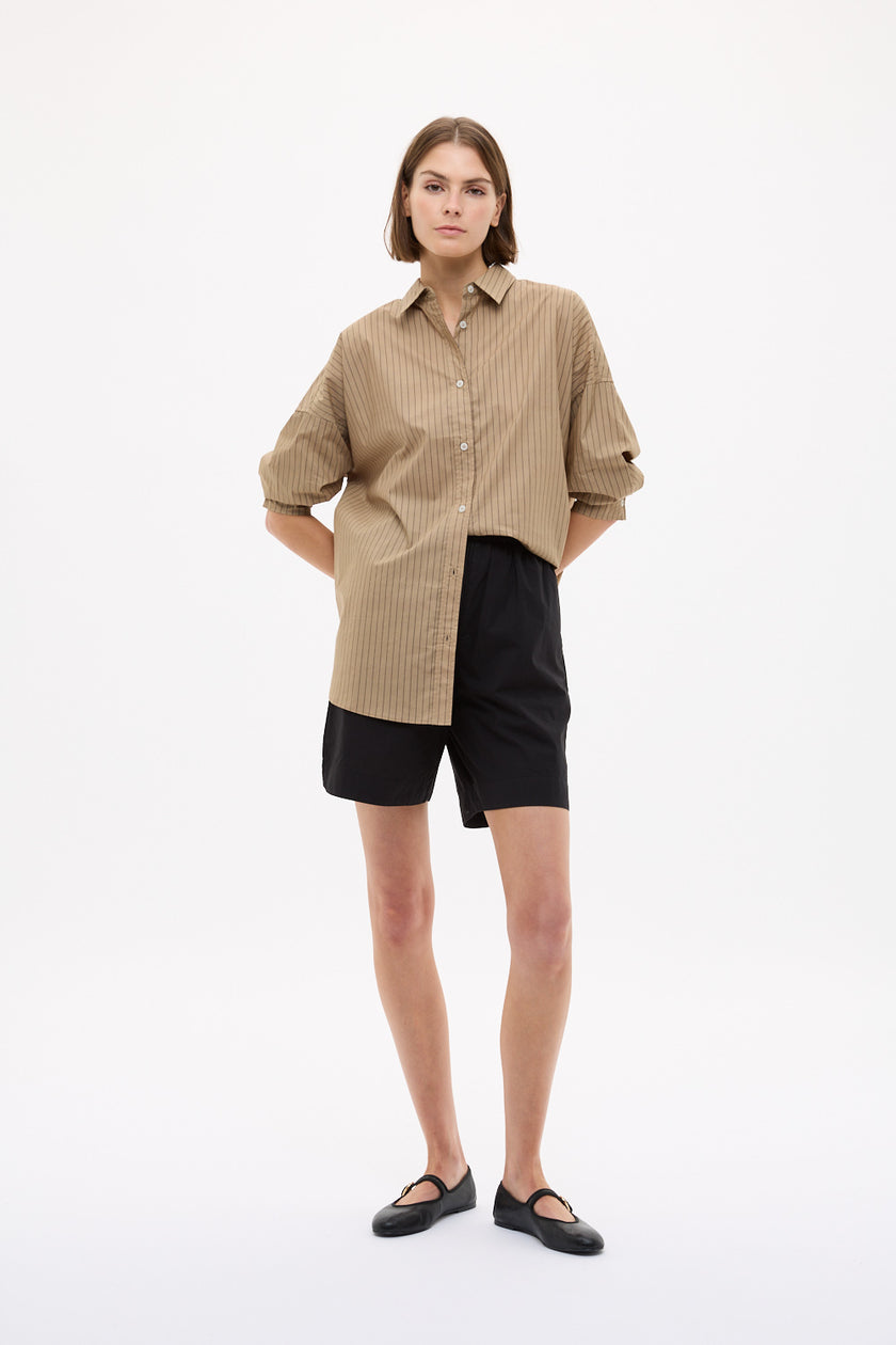 Mara Oversized Long Sleeve Shirt Stripe - Toffee/Black