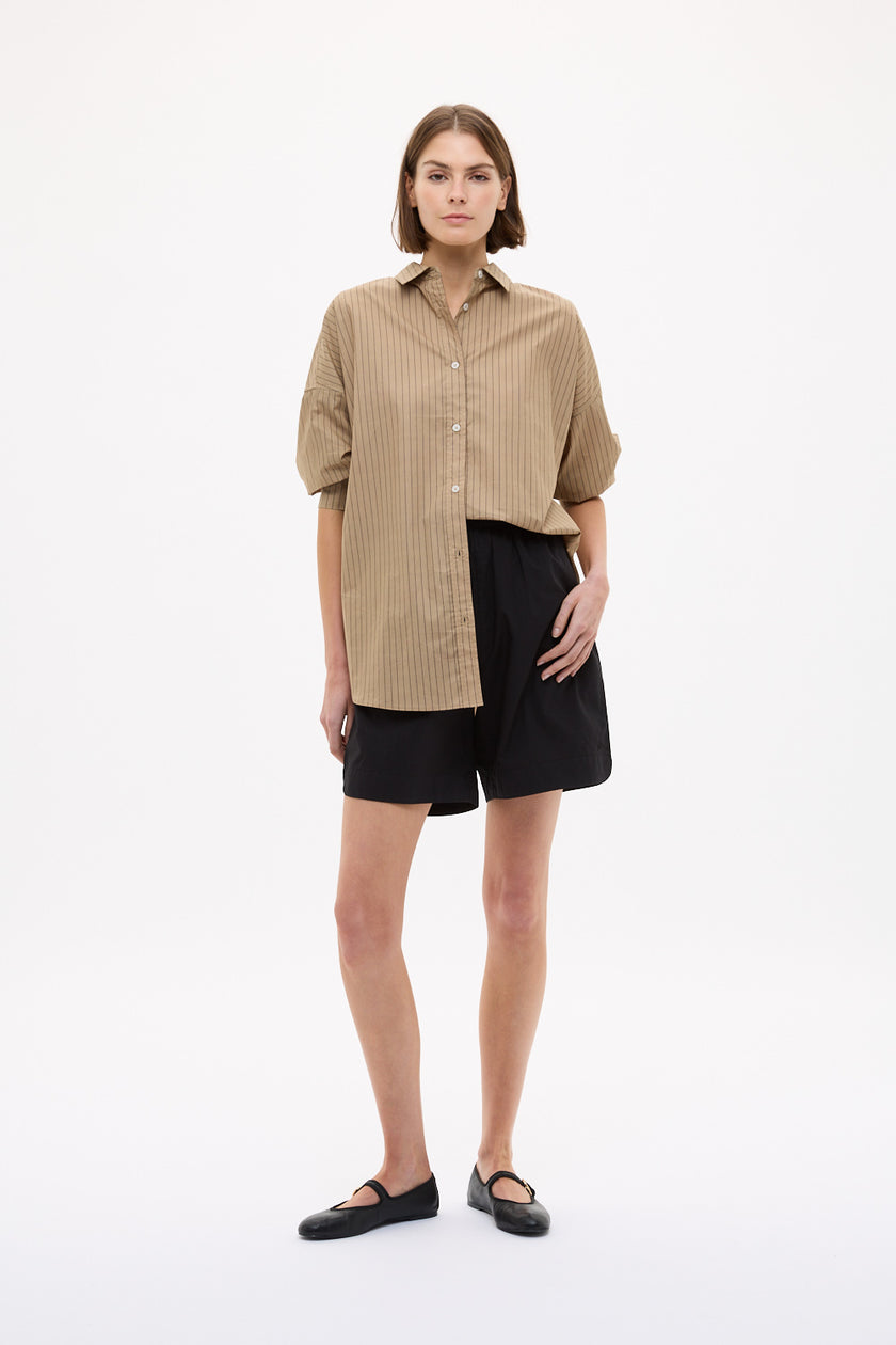 Mara Oversized Long Sleeve Shirt Stripe - Toffee/Black