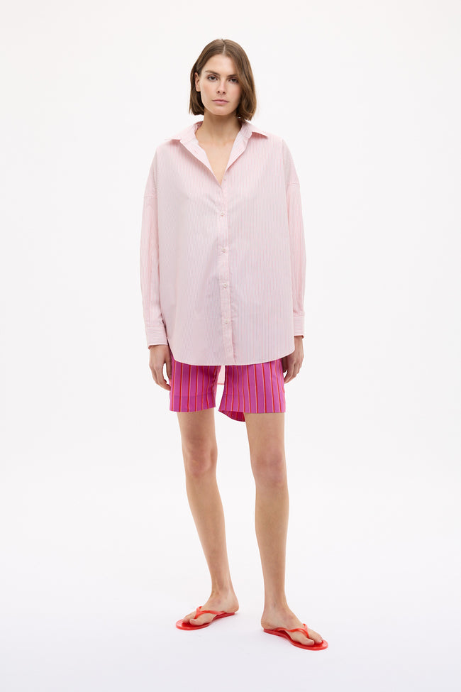 Mara Oversized Long Sleeve Shirt Stripe - Primrose Pink/Natural/True Red