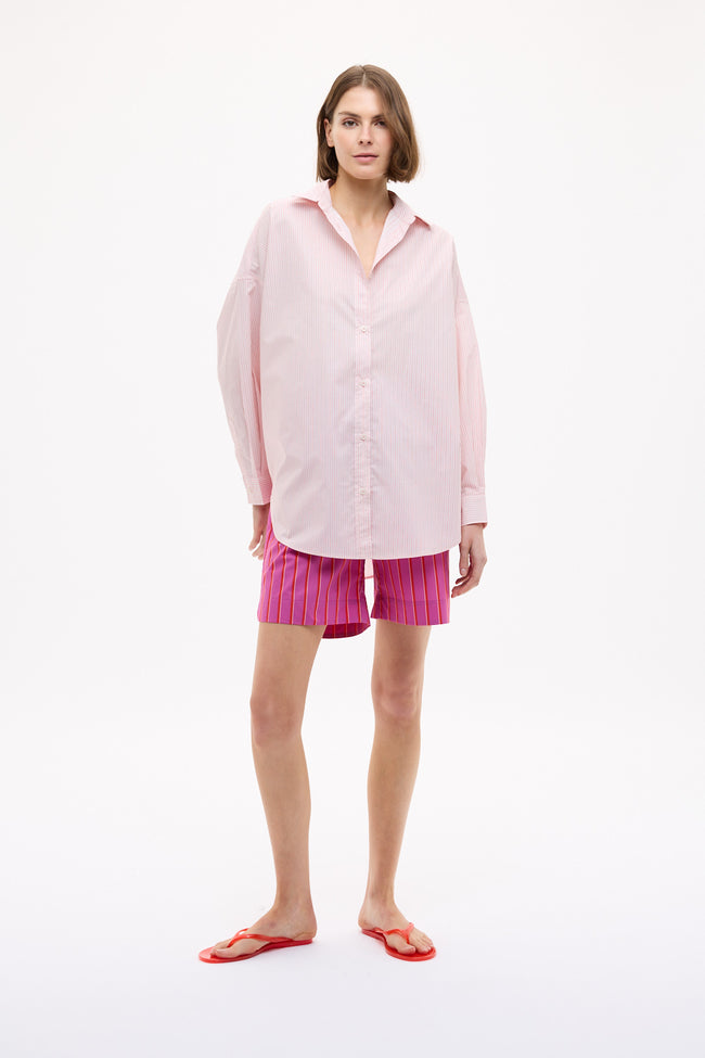 Mara Oversized Long Sleeve Shirt Stripe - Primrose Pink/Natural/True Red