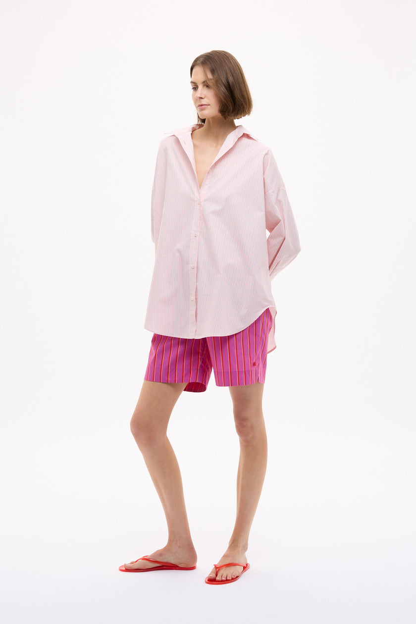 Mara Oversized Long Sleeve Shirt Stripe - Primrose Pink/Natural/True Red