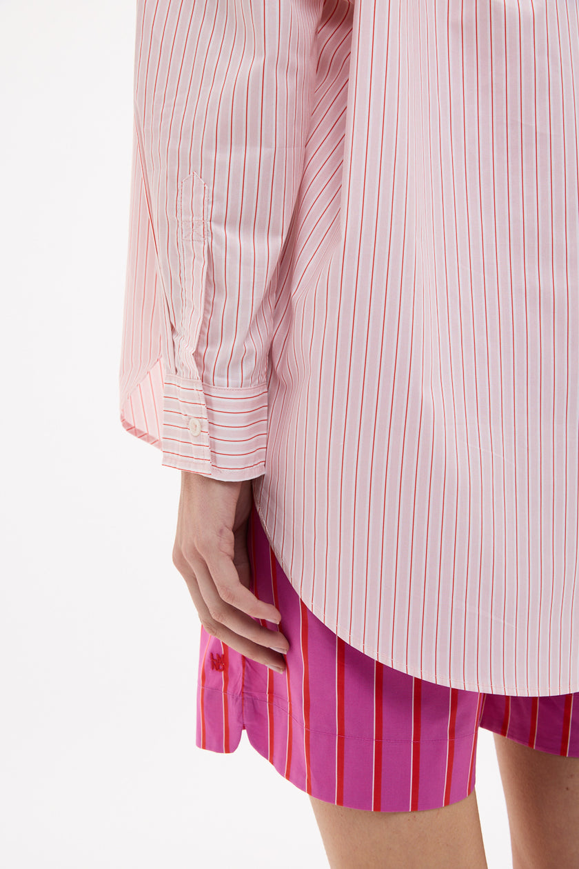 Mara Oversized Long Sleeve Shirt Stripe - Primrose Pink/Natural/True Red