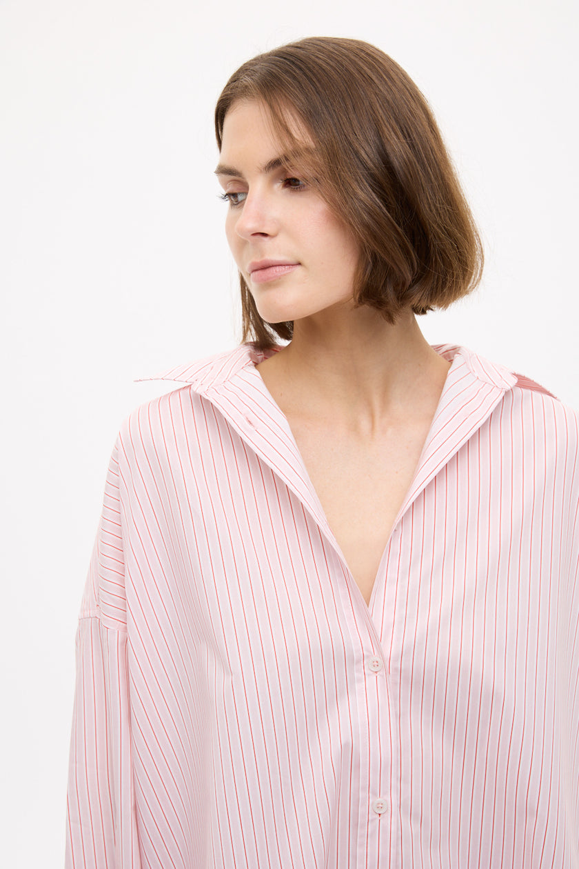 Mara Oversized Long Sleeve Shirt Stripe - Primrose Pink/Natural/True Red