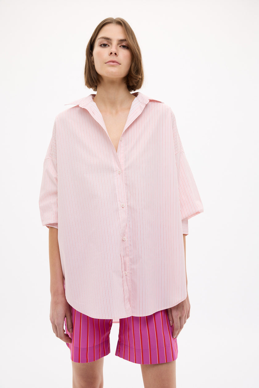 Mara Oversized Long Sleeve Shirt Stripe - Primrose Pink/Natural/True Red