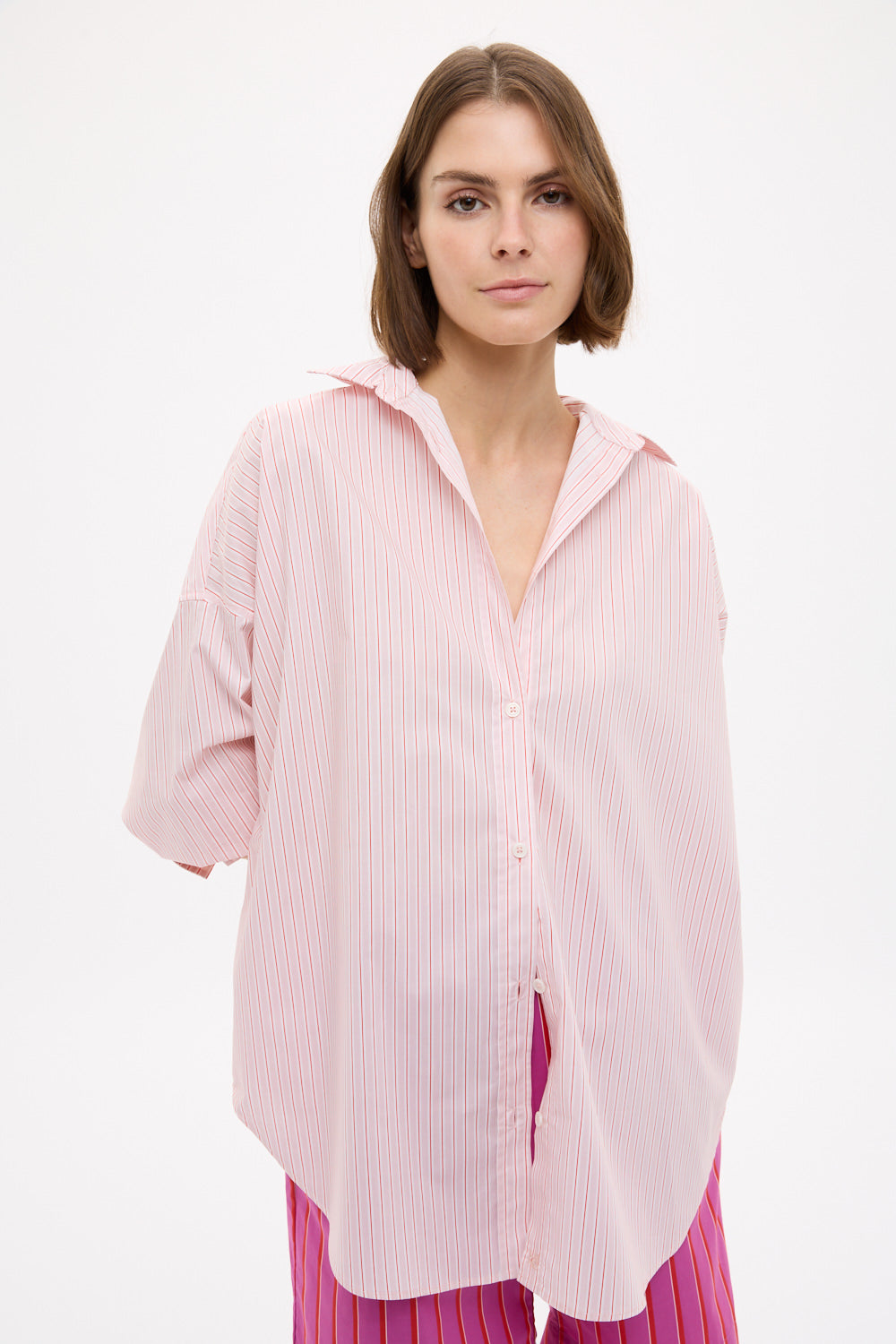 Mara Oversized Long Sleeve Shirt Stripe - Primrose Pink/Natural/True Red