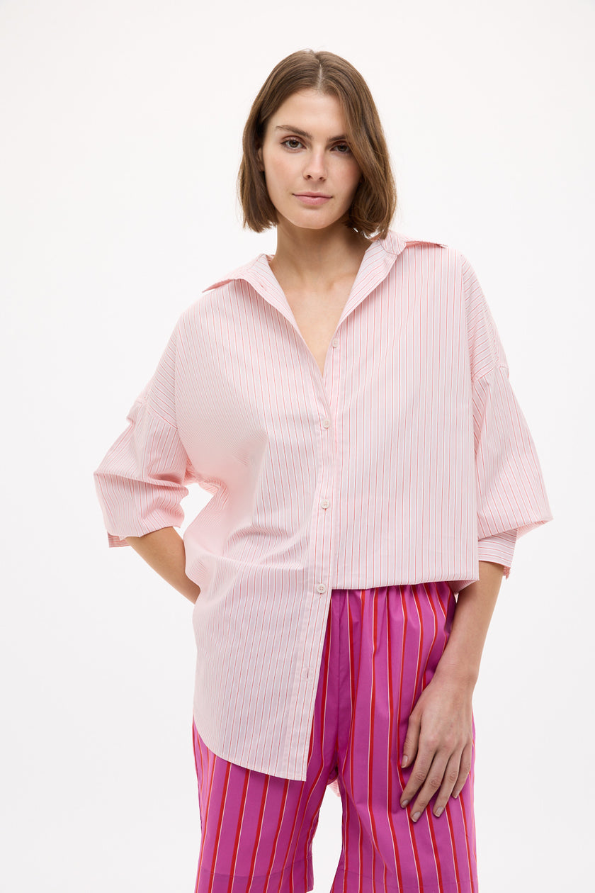 Mara Oversized Long Sleeve Shirt Stripe - Primrose Pink/Natural/True Red