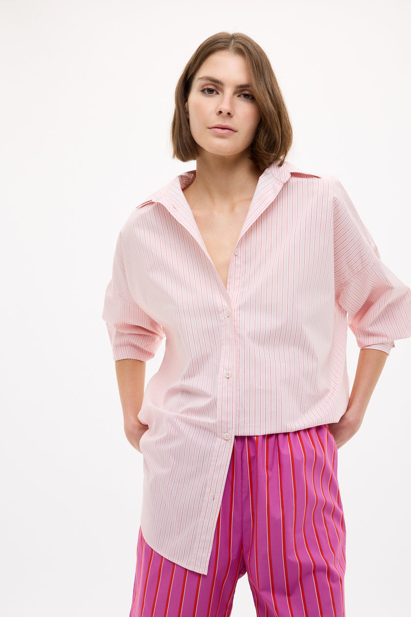 Mara Oversized Long Sleeve Shirt Stripe - Primrose Pink/Natural/True Red