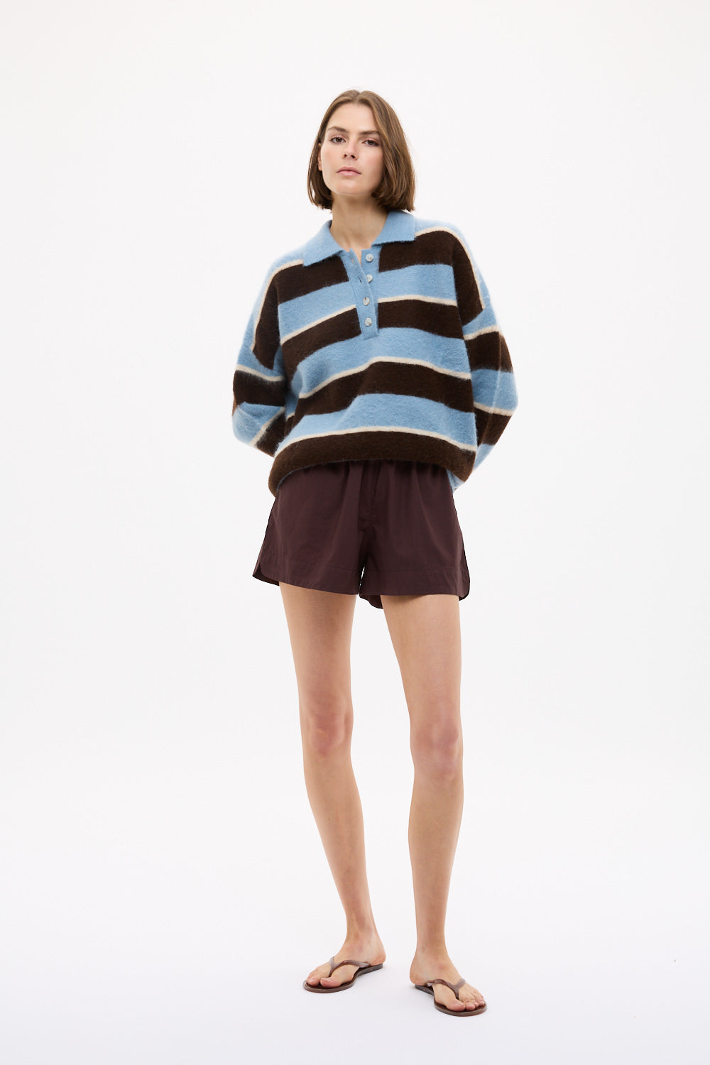 Dakota Knit Polo - Stripes - Sky + Chocolate