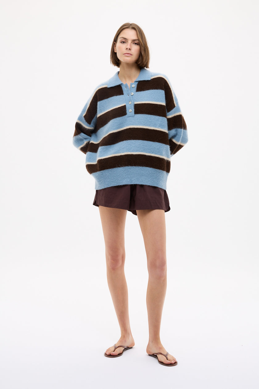 Dakota Knit Polo - Stripes - Sky + Chocolate
