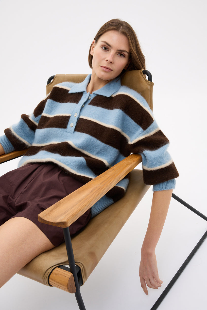 Dakota Knit Polo - Stripes - Sky + Chocolate