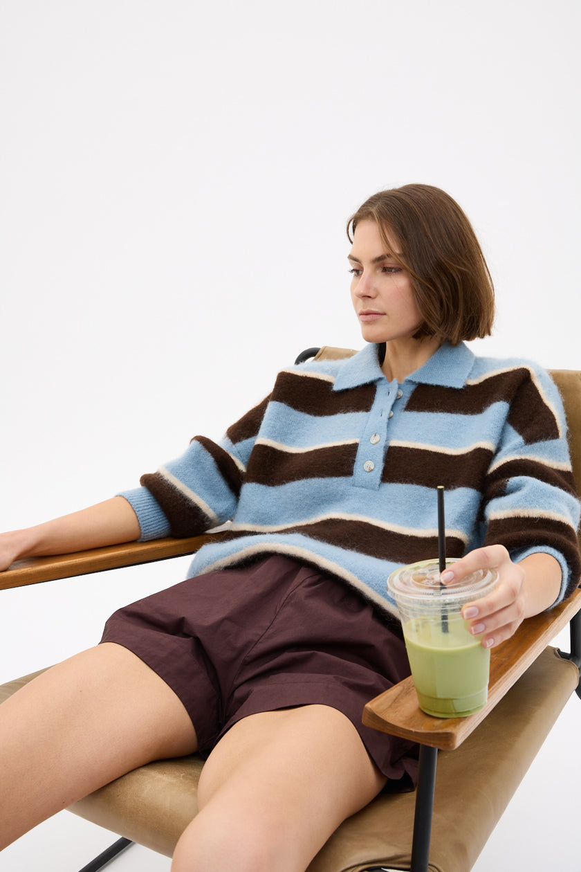 Dakota Knit Polo - Stripes - Sky + Chocolate