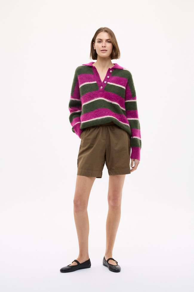 Dakota Knit Polo - Stripes - Fuschia + Dark Olive + Birch