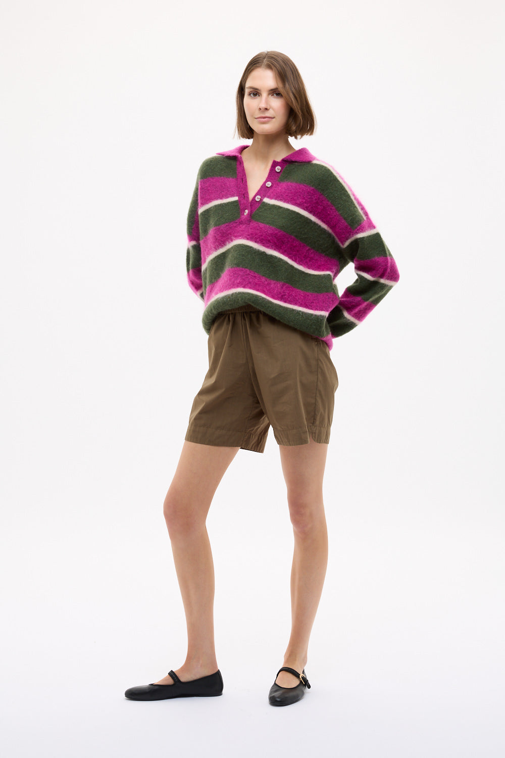 Dakota Knit Polo - Stripes - Fuschia + Dark Olive + Birch