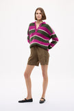 Dakota Knit Polo - Stripes - Fuschia + Dark Olive + Birch
