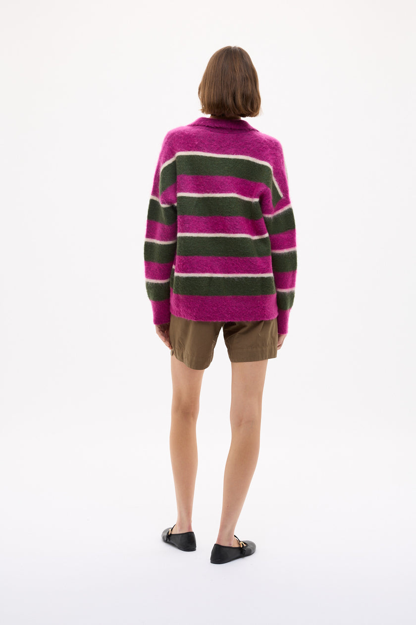 Dakota Knit Polo - Stripes - Fuschia + Dark Olive + Birch
