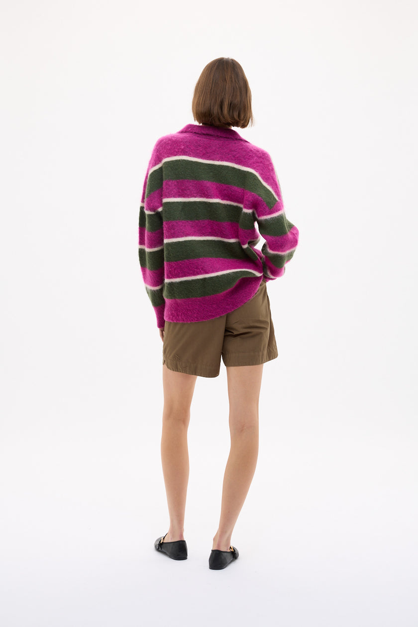 Dakota Knit Polo - Stripes - Fuschia + Dark Olive + Birch