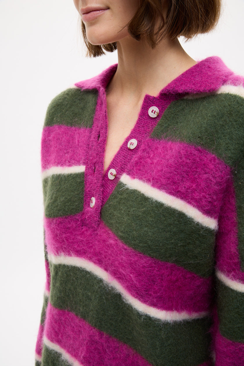 Dakota Knit Polo - Stripes - Fuschia + Dark Olive + Birch