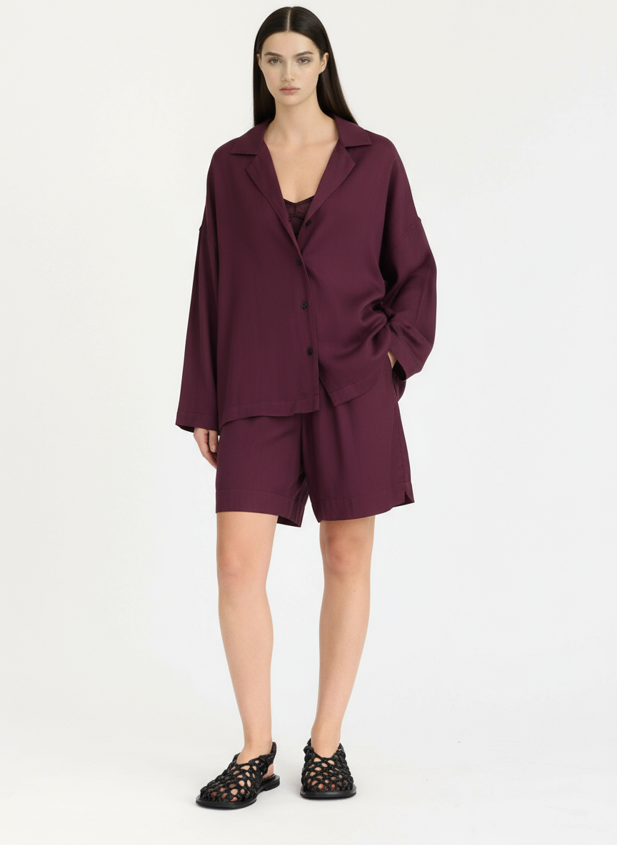 Lou - Bowling Collar Shirt - Viscose - Cherry